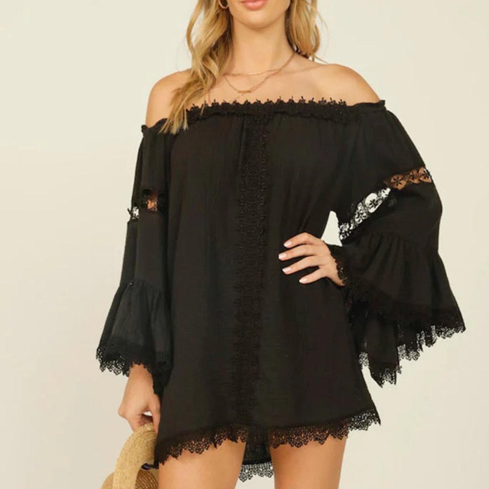 SURF GYPSY | BLACK GAUZE CROTCHET KIMONO DRESS MINI | OFF SHOULDER | M